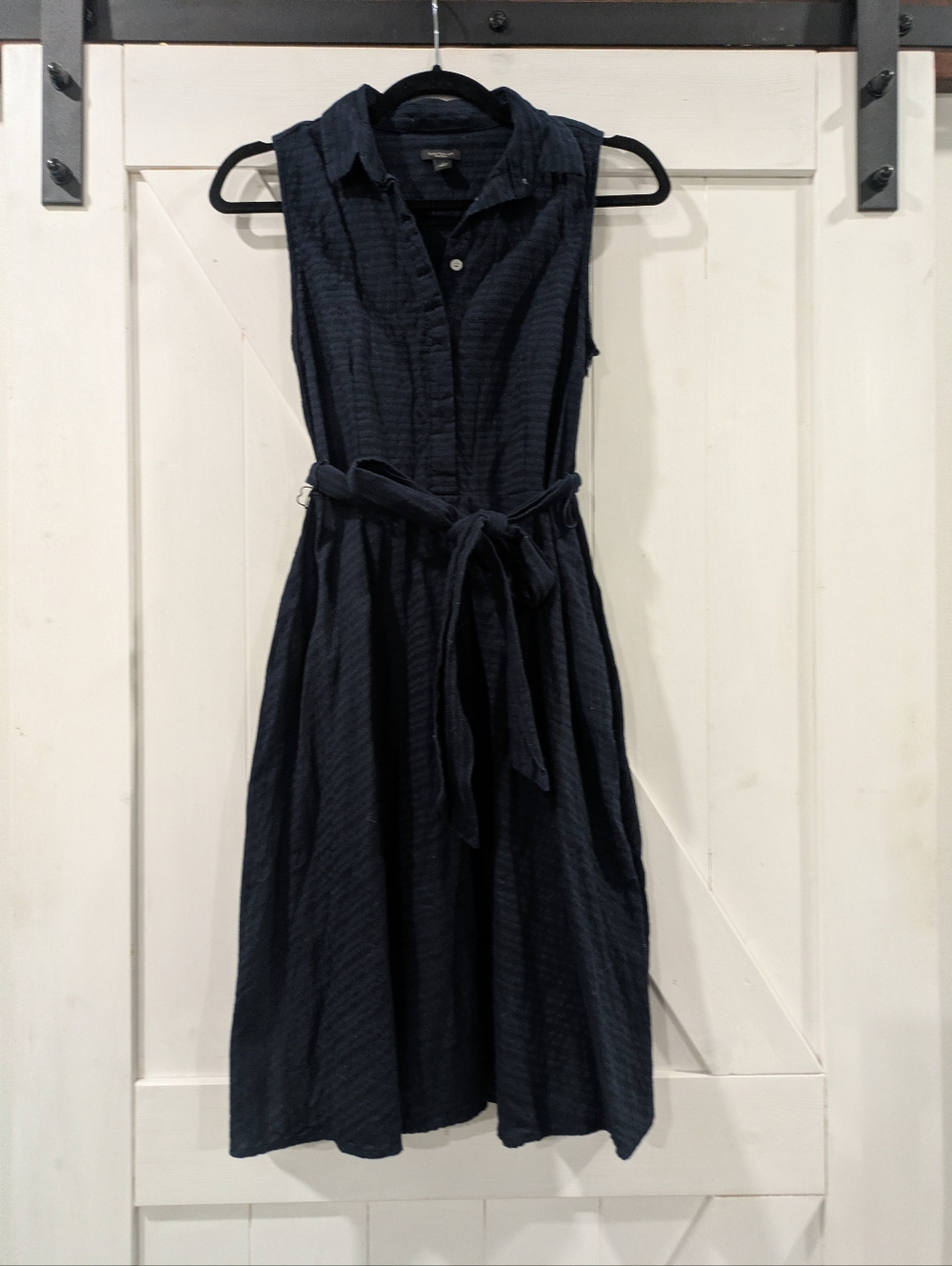 Ann Taylor 100% Cotton Sleeveless Navy Shirt Dress with Waist Tie